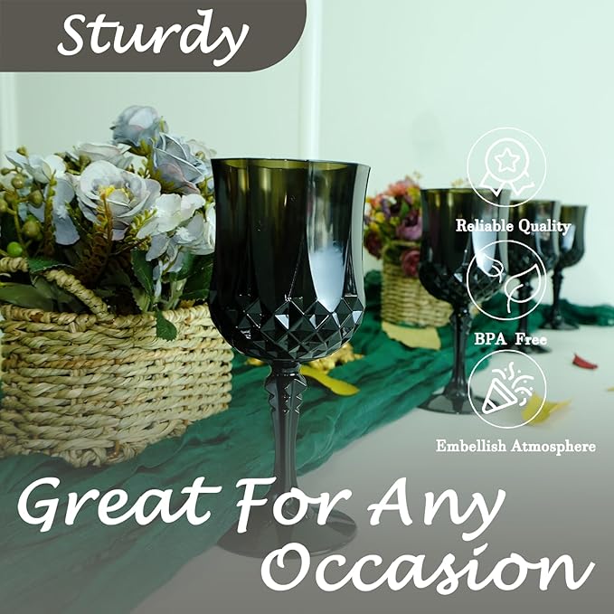 Plastic Wine Glasses,Plastic Goblets Vintage Style Cordial Drinking Glasses for Wedding Reception, Halloween Grand Event Party Supplies (12, Black)