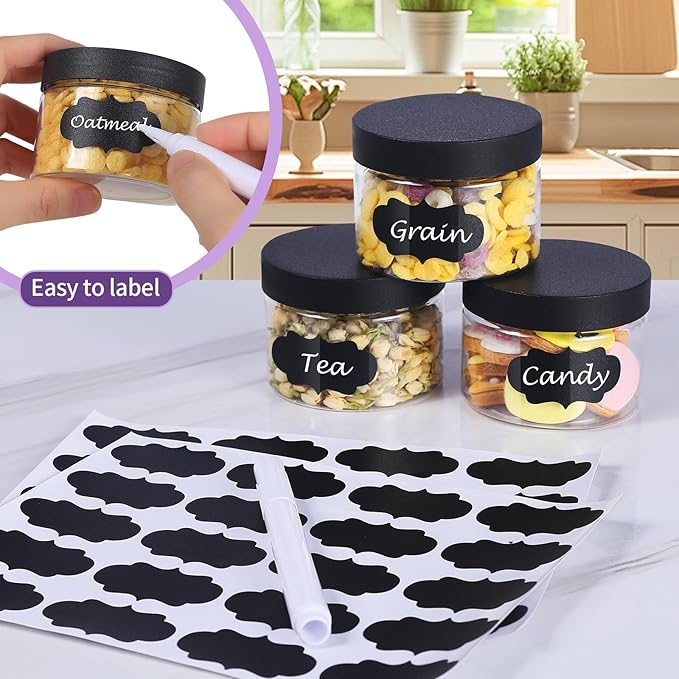 72 PCS 4 OZ Plastic Jars with Screw On Lids,Labels Refillable Empty Round Slime Cosmetics Containers for Storing Dry Food, Honey Jam, Cream, Butter, Lotion, black