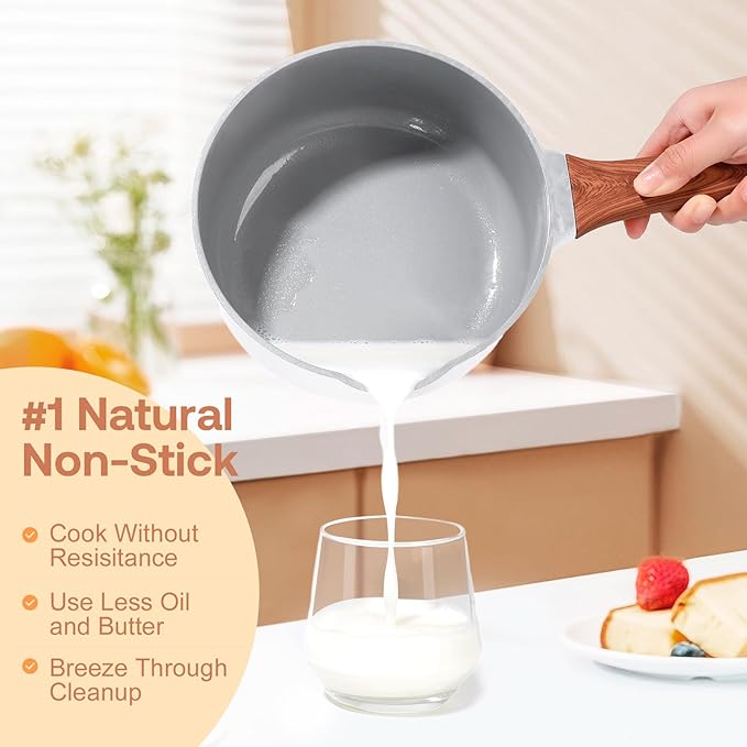 2 Quart Nonstick Sauce pan with Lid, Ceramic Sauce Pot for Cooking with Pour Spout, Small Cooking Pot with Handle for Stove, Induction, Gas, Non Toxic, PFOA Free (White, 1 PCS)