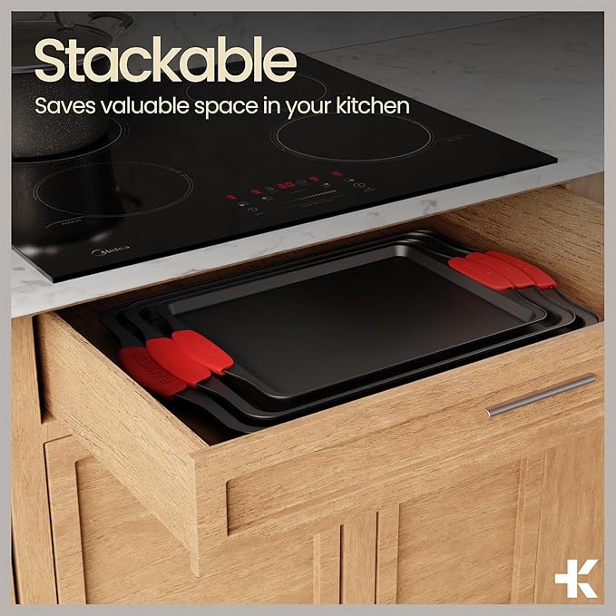 Baking Set – 6 Piece Kitchen Oven Bakeware Set – Deluxe Non-Stick Black Coating Inside and Outside – Carbon Steel – Red Silicone Handles – PFOA PFOS and PTFE Free by Bakken