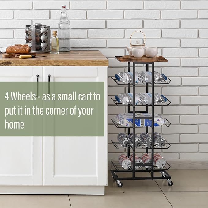 Water Bottle Organizer 6 Tier Bottled Water Storage Rack with Wheels Water Bottle Stand Drink Holder Metal Beverage Rack Soda Can Shelf Organizer for Pantry Kitchen Home Office Party, Brown