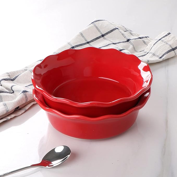ONEMORE Pie Pans, 6.8 inch Small Chicken Pot Pie Plates 16 oz Deep Dish Pie Pan Ceramic Baking Plates for Dessert Oven Safe Round Baking Dish Pans Set of 4 - Red