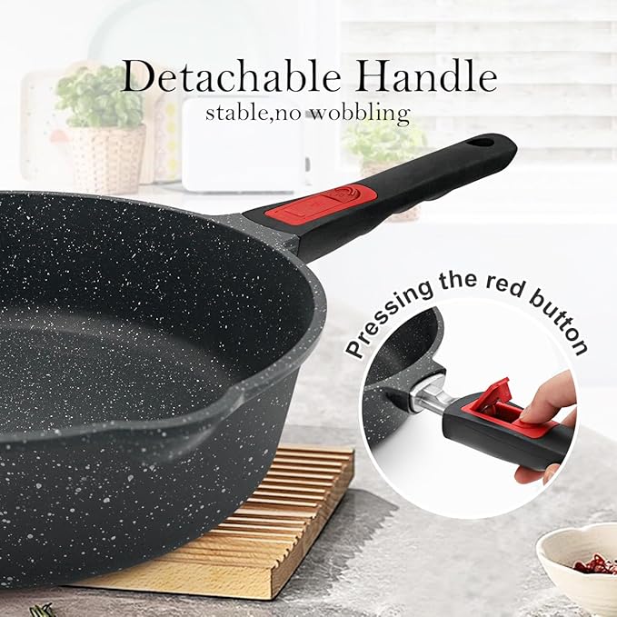 11 Inch Nonstick Deep Frying Pan with Lid, 4-Pc Set - (4.5 Qt Saute Pan with Lid, Steamer/Strainer Basket, Silicone Spatula), Skillet with Detachable Handle, Oven Safe, Non-Toxic