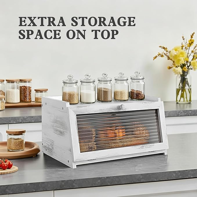 Bread Box for Kitchen Countertop Large Farmhouse Bread Container Bread Storage with Window Wooden Bread Holder