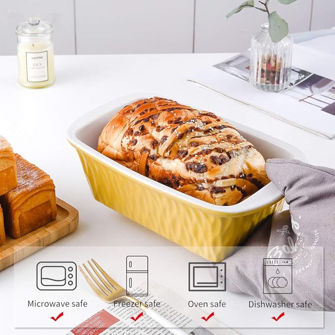 Ceramic Loaf Pan for Baking Bread, 9 x 5 inch Bread Pan, Rectangular Bread Loaf Pan, Ceramic Bakeware for Cooking, Home Kitchen, Bread Baking Pan Texture Series (Yellow)