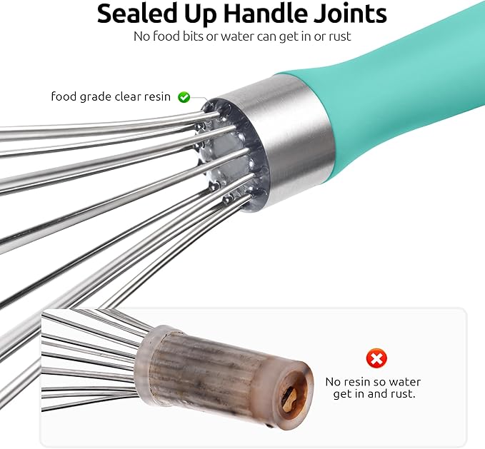 U-Taste 9" Small Egg Whisk: 18/10 Stainless Steel Kitchen Cooking Wire Balloon Wisk, Heavy Duty Metal Beater Stirrer, Manual Baking Tool with 6 Flex Wires for Hand Mixing, Blending Sauce (Aqua Sky)