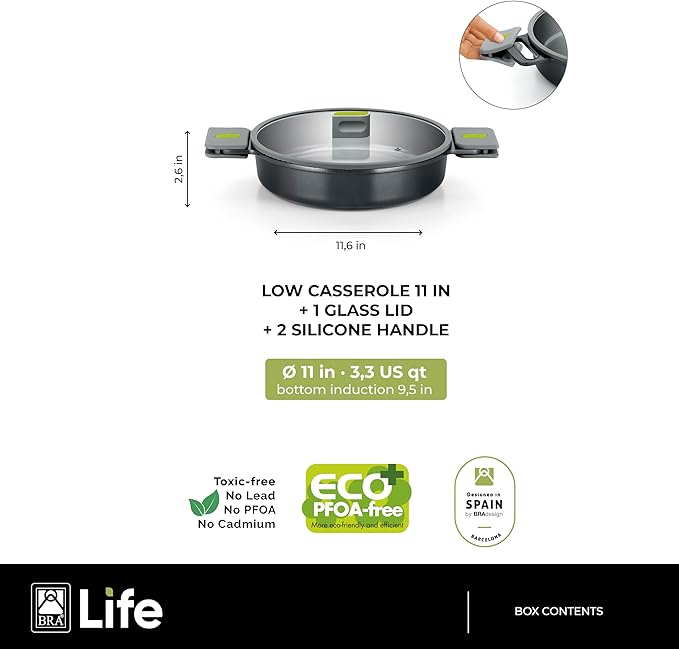 BRA COOKWARE Life Low Casserole w/Glass Lid | 11 inches - 2.9 quarts Recycled Cast Aluminum Casserole | Ceramic Non-Stick | All Heat Sources Compatible | PFOA Free Shallow Pot | Removable Handles