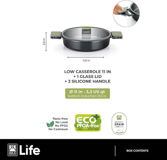 BRA COOKWARE Life Low Casserole w/Glass Lid | 11 inches - 2.9 quarts Recycled Cast Aluminum Casserole | Ceramic Non-Stick | All Heat Sources Compatible | PFOA Free Shallow Pot | Removable Handles