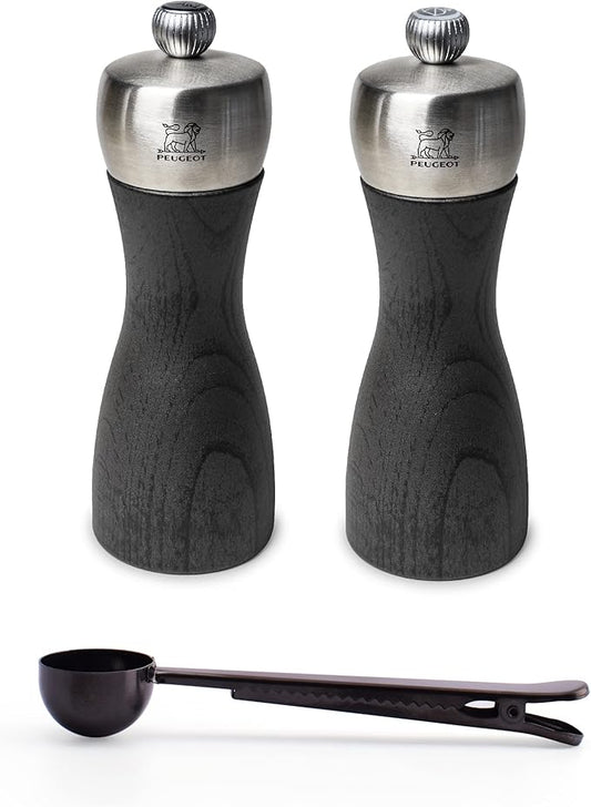 Peugeot Fidji Manual Beech Wood & Stainless Steel Salt & Pepper Mill Set With Black Stainless Steel Spice Scoop Made In France (Graphite, 6- Inch)