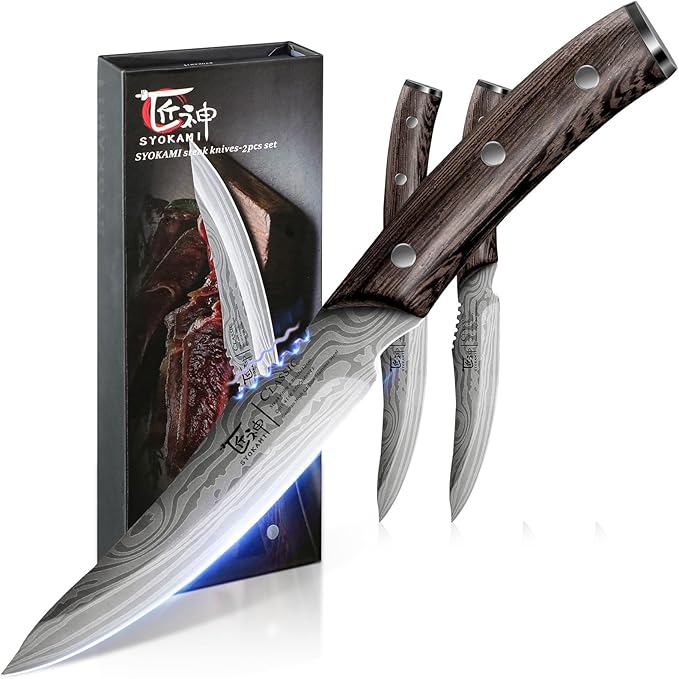 Steak Knives Set of 2, 4.8 Inch High-Carbon Japanese Stainless Steel Non-serrated Meat Knife with Wood Handle, Damascus Pattern Full Tang Design, Razor-Sharp Dinner Knives with Gift Box