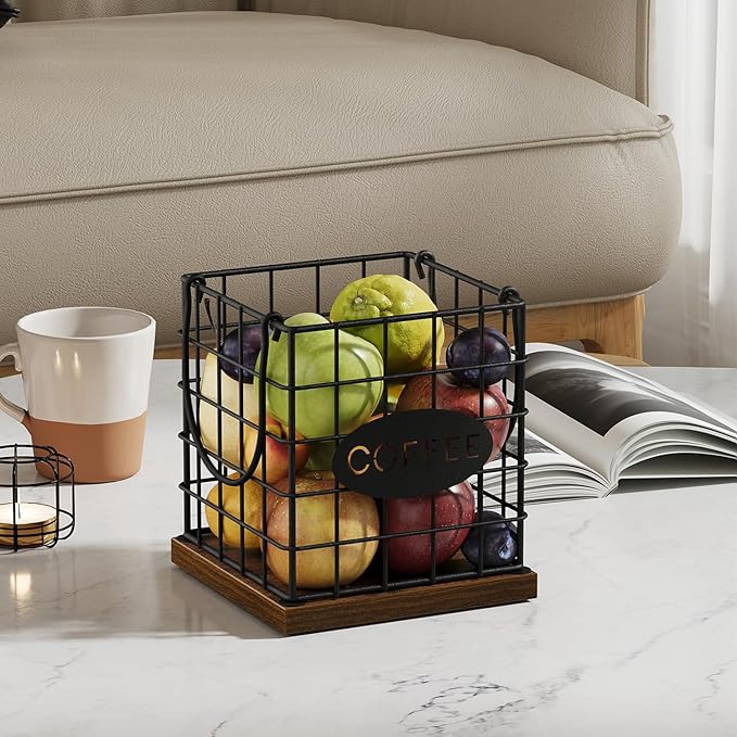 YINMIT K Cup Holder Organizer, Rustic Coffee Pod Holder Organizer, 35 Kcup Holder for Counter with Handle,Large Capacity Black Wire Coffee Capsule Basket for Kitchen Office Desktop (Square Grid)
