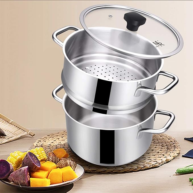 Tri-Ply Stainless Steel Sauce Pan with Steamer Basket & Strainer Glass Lid–Multi-Function Pot 3.5 QT- Modern Sleek Design–Safe,Chemical-Free& Stylish Cookware–Upgrade Your Kitchen with Healthy Cooking