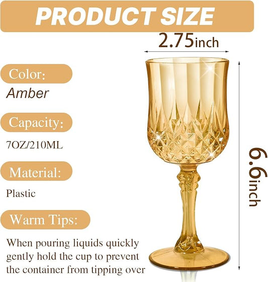 24 Pcs Plastic Amber Wine Drinking Glasses, Plastic Vintage Gold Champagne Vintage Wine Glasses, Unbreakable Goblets for Parties Wedding, Party, Red Wine Glass, Bars, Restaurants, 7Oz