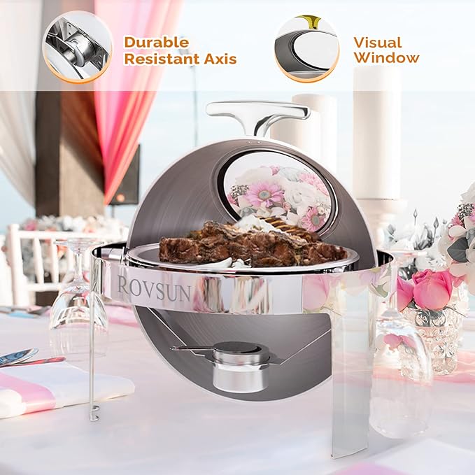 ROVSUN Roll Top Chafing Dish Buffet Set,6 Quart Round Stainless Steel Chafer for Catering,Buffet Servers and Warmers Set with Glass Window for Wedding, Parties, Banquet, Events,Graduation