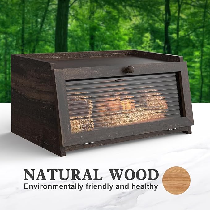 Bread Box for Kitchen Countertop Large Farmhouse Bread Container Bread Storage with Window Wooden Bread Holder