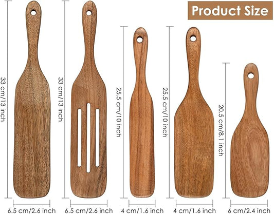 Wooden Spurtle Kit 5 Pieces Teak Wood Spoons Kitchen Tools for Nonstick Cookware, Salad Strainer and Making Cake