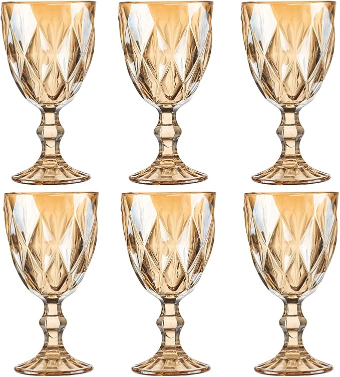 Vintage Wine Glasses Set of 6, 10 Ounce Colored Glass Water Goblets, Unique Embossed Pattern High Clear Stemmed Glassware Wedding Party Bar Glass Drinking Cups Fancy Wine Glasses Amber
