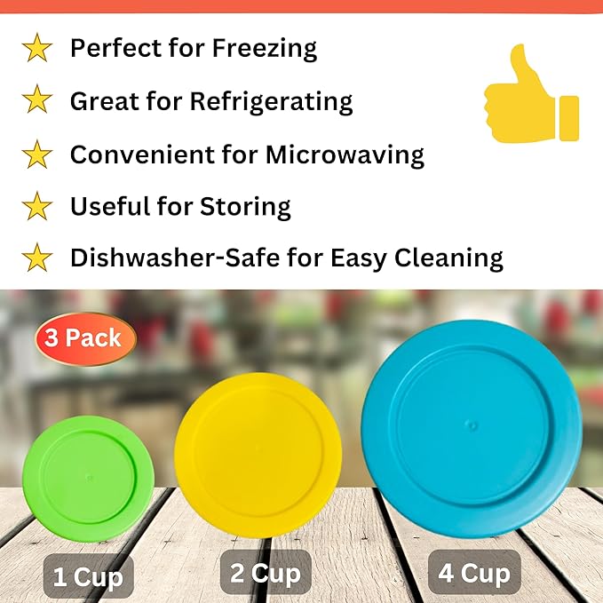 1, 2 & 4 Cup Spring Green, Yellow, Turquoise Replacement Lids/Covers for Pyrex, Anchor Hocking & KlareWare Storage Bowls *Lids Only Glass Container Not Included* (3 Pack *One of Each Size*)
