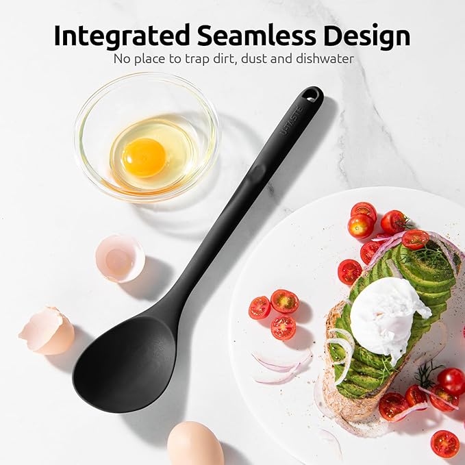 600ºF Heat Resistant Silicone Spoons: U-Taste 13.3in Solid & Slotted Kitchen Cooking Spoon, Nonstick Long Rubber Utensil, Sturdy for Mixing, Serving, Stirring, Frying, Draining (Black, 2PCS)