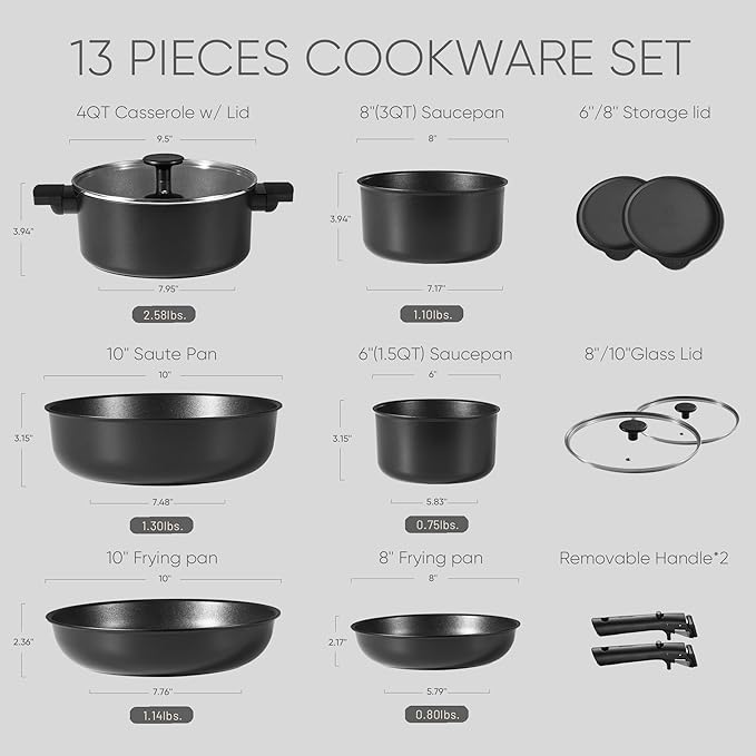 CAROTE 13pcs Pots and Pans Set Non Stick, Cookware Set Detachable Handle, Nonstick Induction Kitchen Cookware Non Stick with Removable Handle, RV Cookware Set, Oven Safe Cook Ware Set, Black