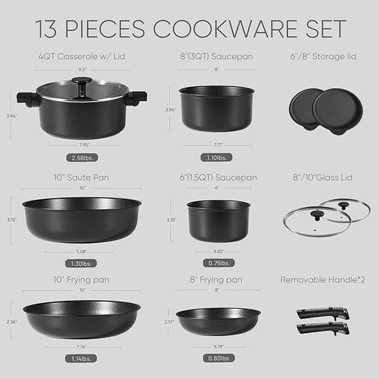 CAROTE 13pcs Pots and Pans Set Non Stick, Cookware Set Detachable Handle, Nonstick Induction Kitchen Cookware Non Stick with Removable Handle, RV Cookware Set, Oven Safe Cook Ware Set, Black
