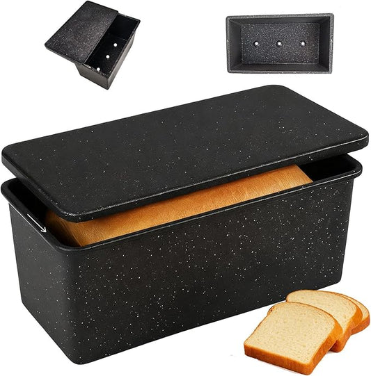 Cast Aluminum Loaf Pan with Lid, Pullman Loaf Pan for Homemade Sourdough Bread, Sandwich, Meatloaf Baking, 8x4 Inch Nonstick Deep Bread Tin with Cover, Oven Safe & Heavy Duty, Speckled Black