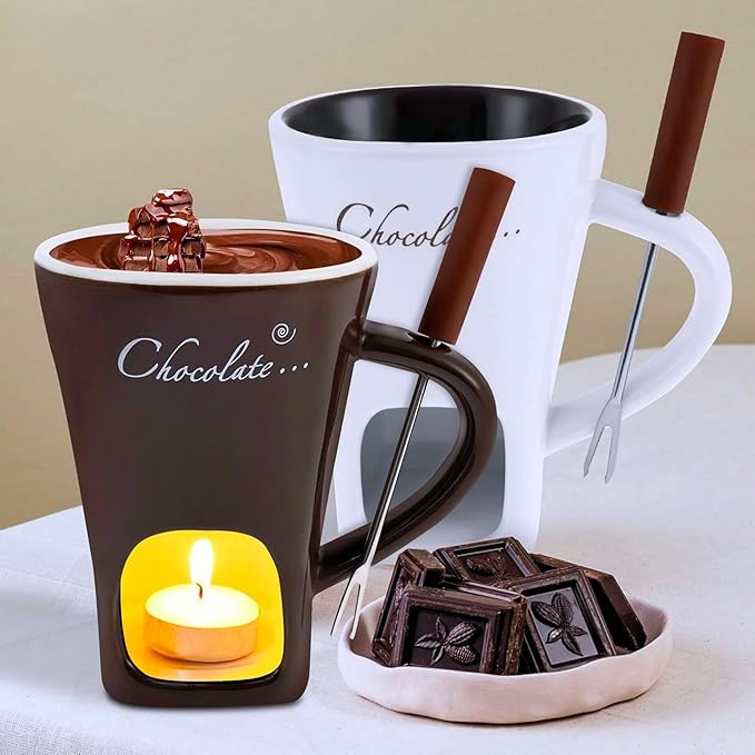 Chocolate Melting Mug Cheese Candy Mini Fondue Pot With Forks (Brown)