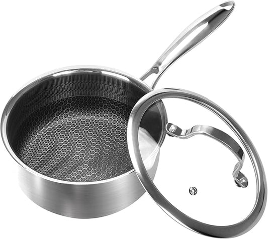 2.5QT Stainless Steel Saucepan With Lid, Honeycomb Non-stick Cooking Pot, Eco-Friendly PFOA-Free Coating, Compatible with All Cooktops, Perfect for Milk, Soup, Oatmeal & Baby Food, Dishwasher Safe