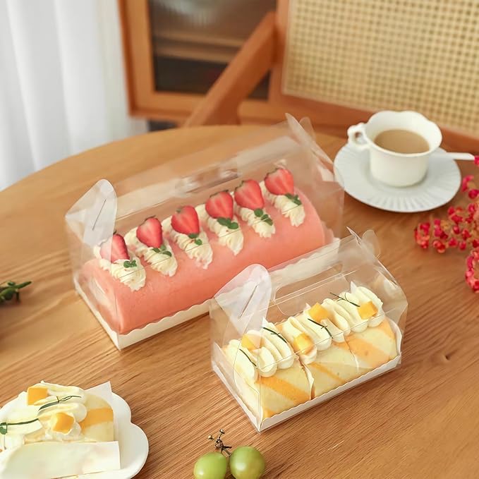 30 Pcs 6.3 Inch Clear Roll Cake Gable Boxes with Handle & Cake Boards, Transparent Plastic Gift Boxes,Easy Carrying Pastry Containers for Bakery Christmas Wedding