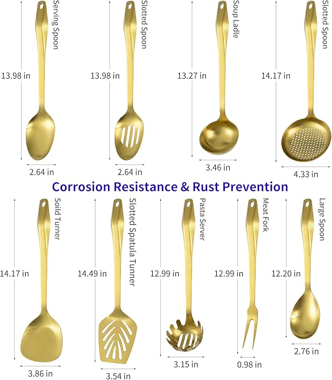 304 Stainless Steel Kitchen Utensil Set - 9pcs Cooking Utensils, Metal Kitchen Utensil Spatula Sets Cookware,High temperature resistance Kitchen Tool Set for Hanging Dishwasher Safe(Gold)