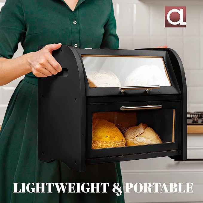 Arise Stylish Bamboo Bread Box for Kitchen Countertop, Extra Large 2-Shelf Wooden Bread Storage Container with Clear Windows and Air Vents Keep Bread, Bagels and Rolls Fresh, Self Assembly