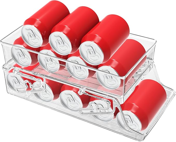 1PC Soda Can Organizer for Refrigerator & Pantry, Space Saving Auto-Rolling Stacking Can Dispenser Holds 12 Cans, Fits Skinny/Standard/Tall Cans, Clear Fridge Can Holder Storage for Kitchen, Office