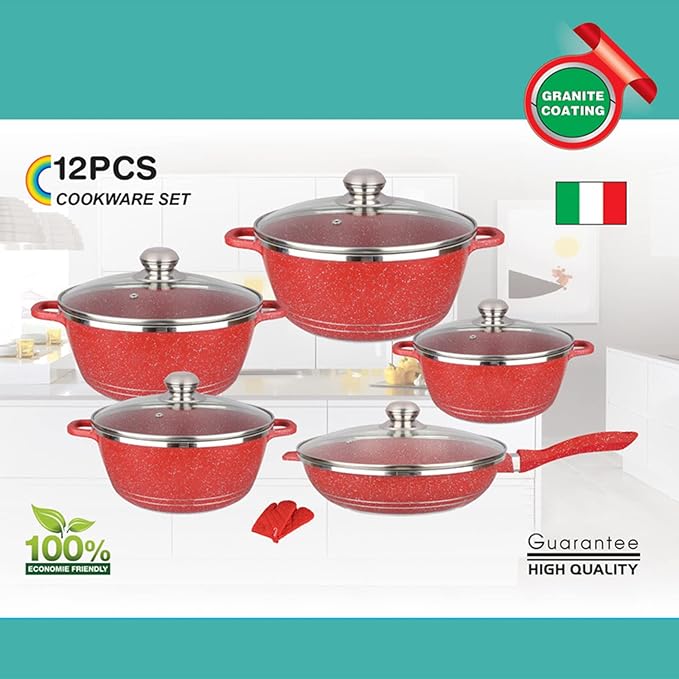 10-Piece Nonstick Granite Cookware Set - Marble Coated Aluminum Pots & Pans with Glass Lids, Includes Saucepans, Frying Pan, Stock Pot - Deeppurple Kitchen Essentials