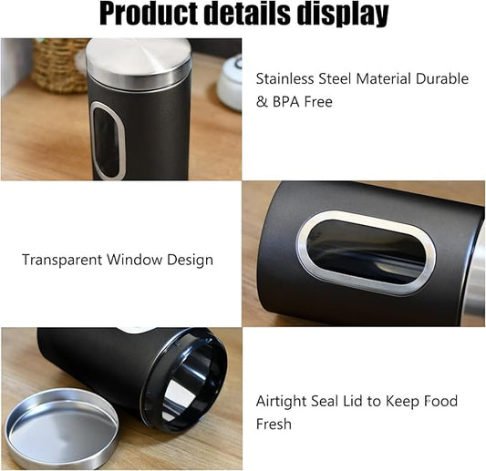Canisters Sets for the Kitchen, 3pcs Sugar Flour Tea Coffee Storage Jars Stainless Steel Food Container Organizer for Kitchen Counter with Transparent Window (black)