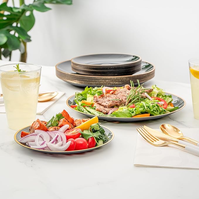 Restaurantware Plastic Plates 200 Pcs 7.13" and 10" Combo Gold Rimmed Plate Set Disposable Heavy-Duty Black Translucent Rippled Plastic Dinner Servers for Party, Weddings, Salads, Desserts