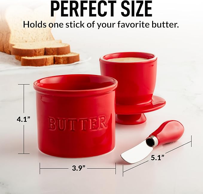 Zulay Kitchen Porcelain Butter Crock With Lid & Knife - Authentic French Butter Dish For Fresh & Spreadable Butter - Red