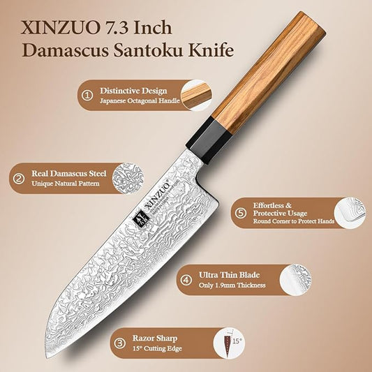 XINZUO 7.3 Inch Santoku Knife, Hand Forged 67 Layers Damascus Super Steel Chef Knife, Japanese Chopping Knife Ultra Sharp, Professional Kitchen Knife with Olive Wood Octagonal Handle