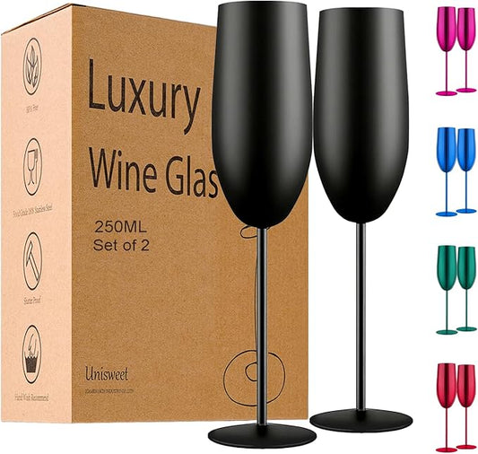 Champagne Glasses Set of 2 Stainless Steel Champagne Flutes Wedding Gifts for Bride 8.5 oz Unbreakable Champagne Glasses for Party Wedding Christmas Anniversary Brithday (Matte-Black)