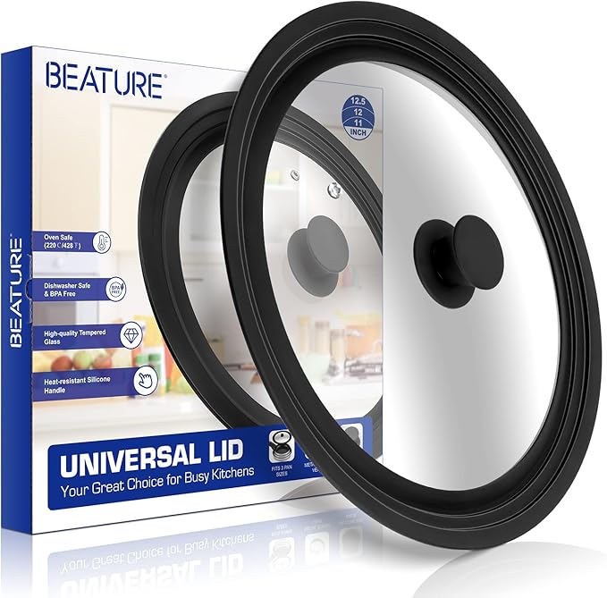 Universal Lid for Pots, Pans and Skillets - Tempered Glass Lid with Heat Resistant Silicone Rim Fits 11" - 12.5" Diameter Cookware, Replacement Lid for Frying Pan and Cast Iron Skillet (11"12"12.5")