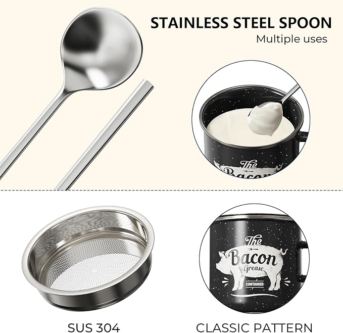 PGYARD Mini Bacon Grease Container With Strainer - 15OZ Enamel Grease Saver, Farmhouse Bacon Grease Keeper For Kitchen Fat Storage, Dishwasher Safe-Black