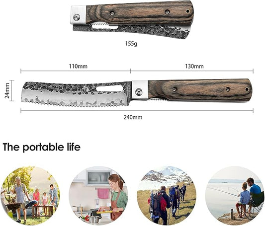 SENBON Forged 440A Stainless Steel Folding Bread Knife Colorful Wood Handle Camping Outdoor Portable Sawtooth Knife Pastry Knife