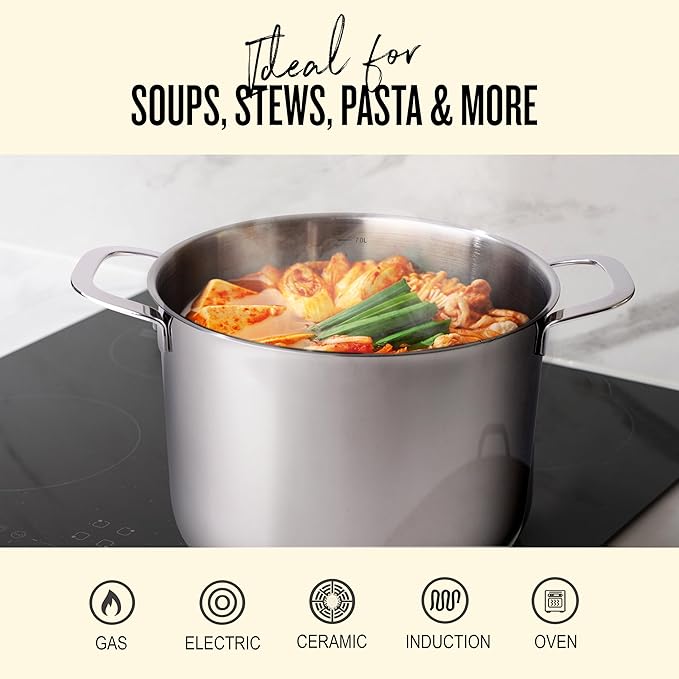 Alva Maestro Stainless Steel Stock Pot 8Qt. - Lasered Engrave Measurement, Oven Safe and Made without PFAS, PFOA & PTFE - Induction and All Stovetop Compatible with Even Heat Distribution