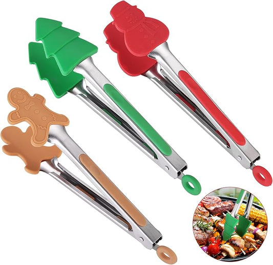 3-Piece Christmas Silicone Mini Tongs Set, 7-Inch Small Style Tongs for Cooking, Kids' Festival Set (Christmas Tree, Snowman, Gingerbread Man)