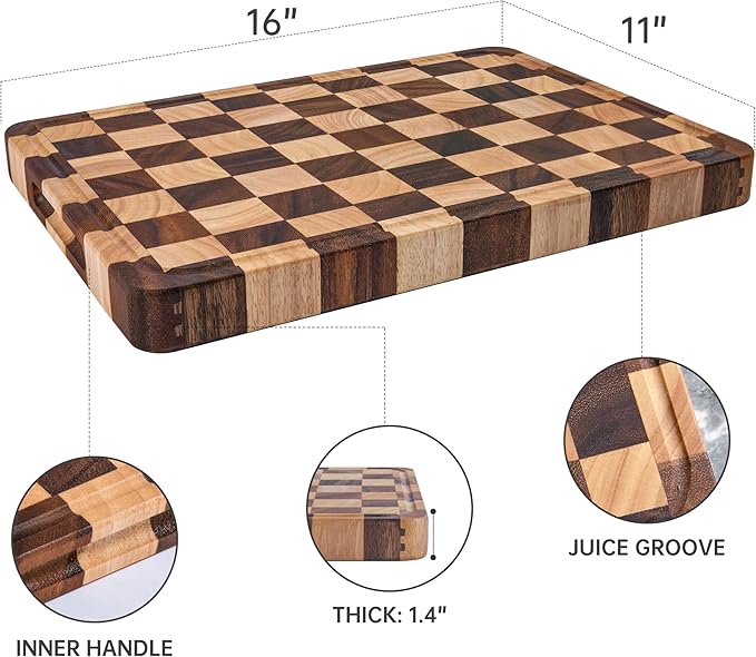 Cutting Boards for Kitchen, Large Acacia Wood Chopping Board, Thick Checkered Cutting Board with Juice Grooves & Handles, Charcuterie Board Butcher Block with Gift Box, 16" x 11" x 1.4"