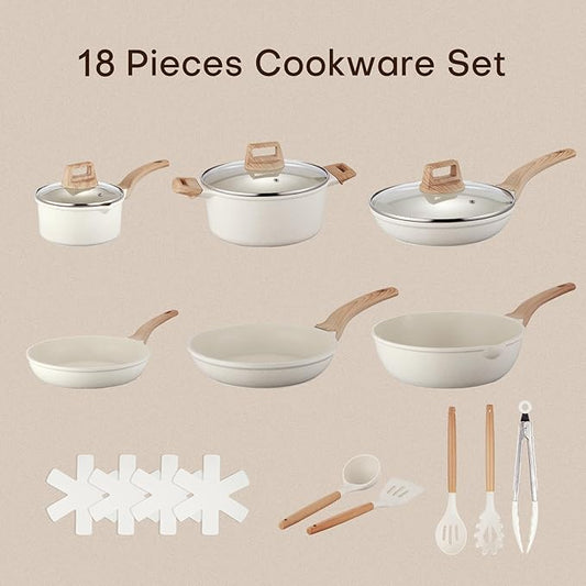 18 Pcs Pots and Pans Set for Kitchen, Nonstick Ceramic Cookware Set, Non Stick Induction Cookware Frying Pans & Saucepans