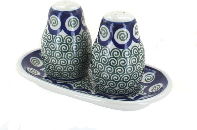 Blue Rose Polish Pottery - Green Peacock Swirl Salt & Pepper Shakers with Tray - 3.5" Tall - Hand-Painted Ceramic Seasoning Set for Table & Kitchen