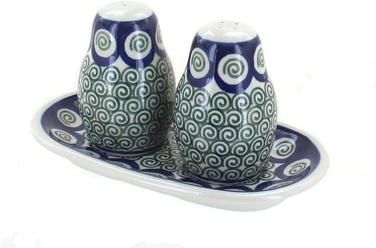 Blue Rose Polish Pottery - Green Peacock Swirl Salt & Pepper Shakers with Tray - 3.5" Tall - Hand-Painted Ceramic Seasoning Set for Table & Kitchen