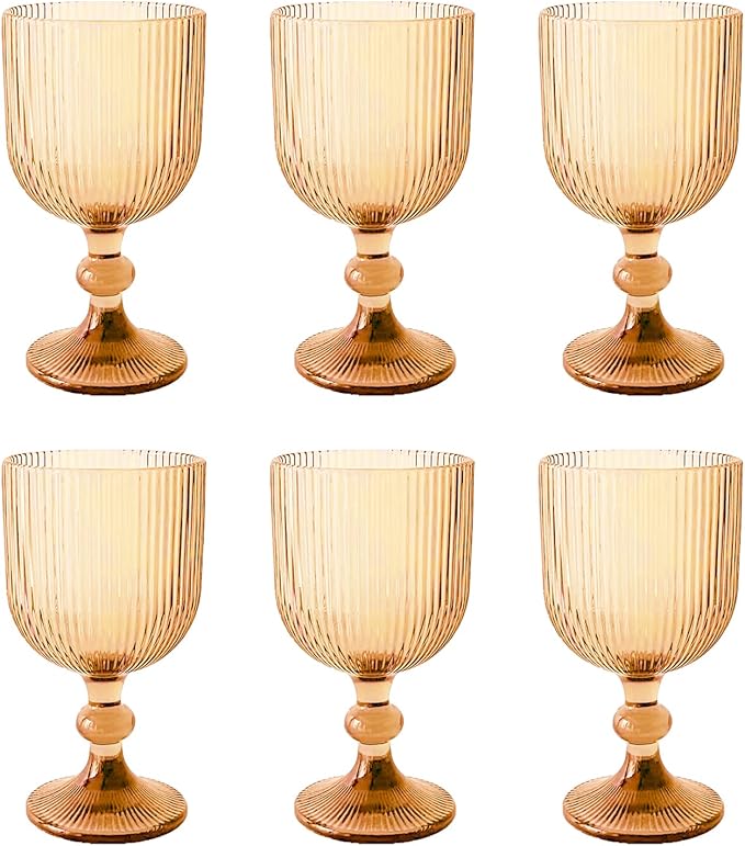 Vintage Wine Glasses Set of 6, 11 Ounces Colored Glass Water Goblets, Colorful Unique Embossed Pattern High Clear Stemmed Glassware Wedding Party Bar Glass Drinking Cups Vertical Line Gold Amber