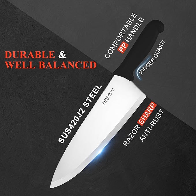 Chef Knife,10 inch High Carbon Stainless Steel Kitchen Knife, Sharp Cutting Knife W/Ergonomic Handle for Household or Business (Black)