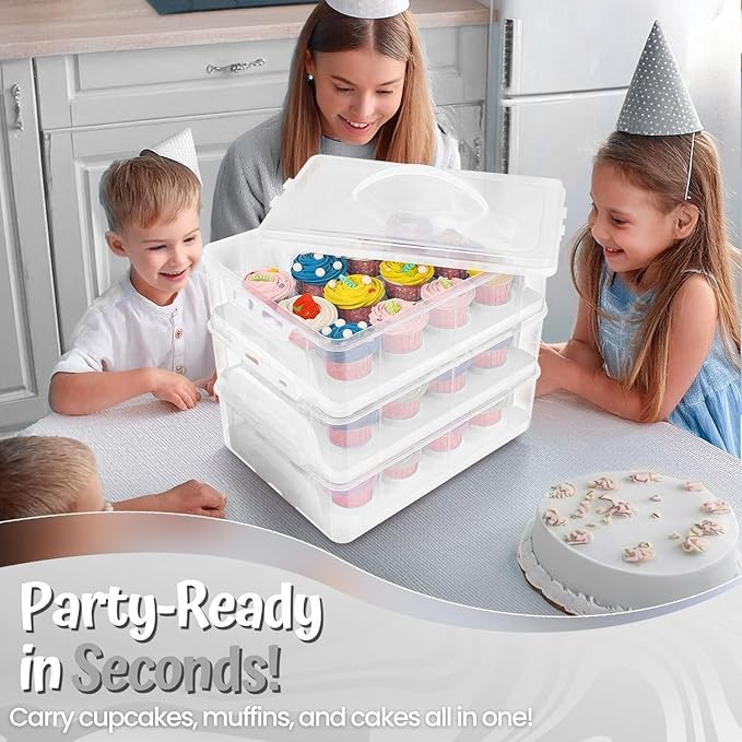 Flexzion 36 Cupcake Carrier 3 Tier Stackable Storage Container Collapsible Cake Carrier with Lid and Handle, Reusable Rectangular Plastic Dessert Travel Container, Display Holder Transport Box (Clear)